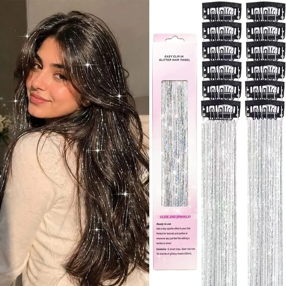 Hair Tinsel Pack Of 12 Pcs Colorful Glitter Hair Accessories Clip In Hair Tinsel Extensions Synthetic Hair Accessories