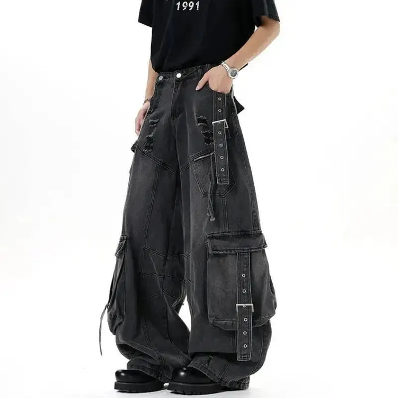 American Style Men's Jeans Solid Color Multi Pockets Casual Worn-out Trousers Deconstruction Wide Leg Denim Pants 9W4066