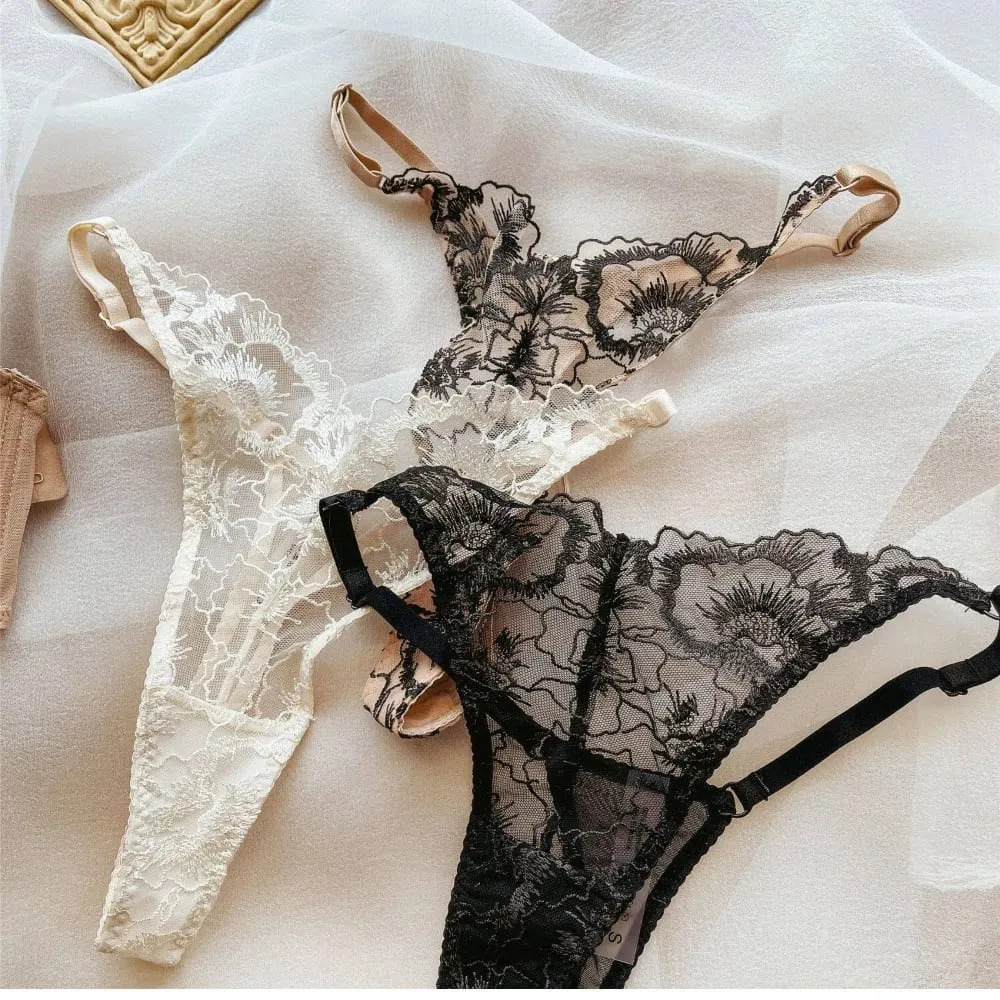 French Ultra Thin Women Underwear Set Sexy Lace Flowers Embroidery Bra Summer Ladies Wide Version Breathable Lingerie Thong Sets