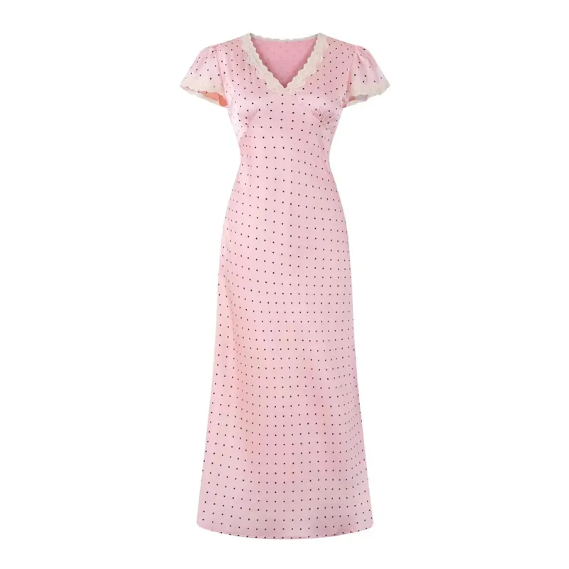 2025 vestidos con estampado de puntos rosas vestido MIDI de encaje de verano vestido Sexy con cuello en v para mujer vestido de noche de fiesta de manga corta — image 8