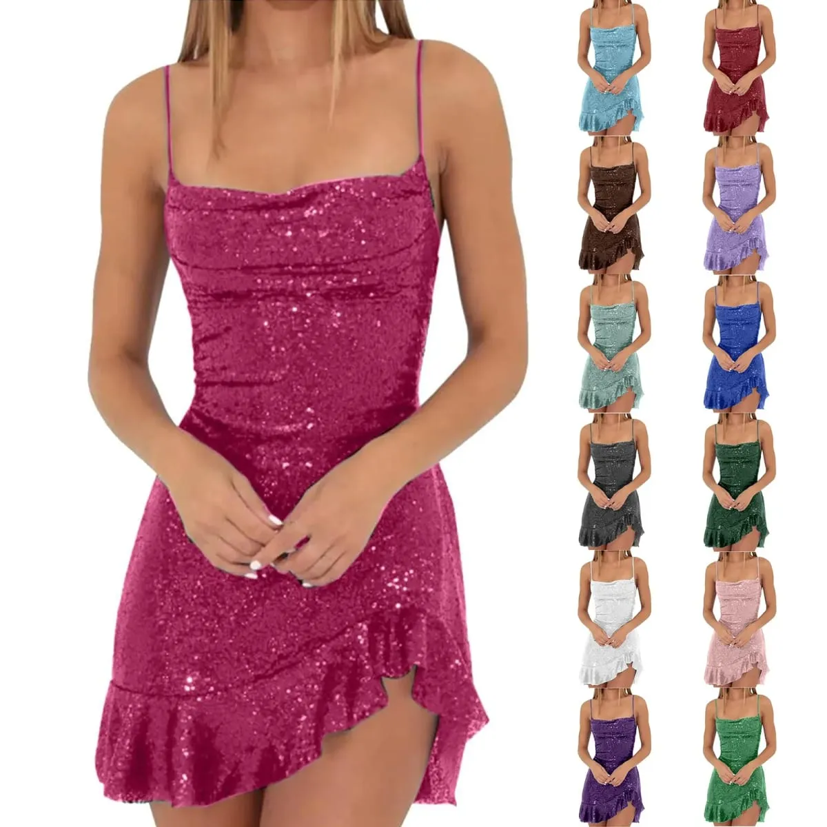 Sexy Sequin Women's Dresses Soild Color Backless Spaghetti Strap Sleeveless Club Party Dresses Ladies Irregular Ruffle Hem Dress