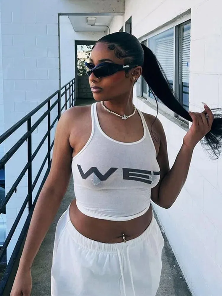 Spring 2025 Women's Slim Fit Racerback Tank Top Sexy Letter Print Subtranslucent White Racerback Vest for Summer
