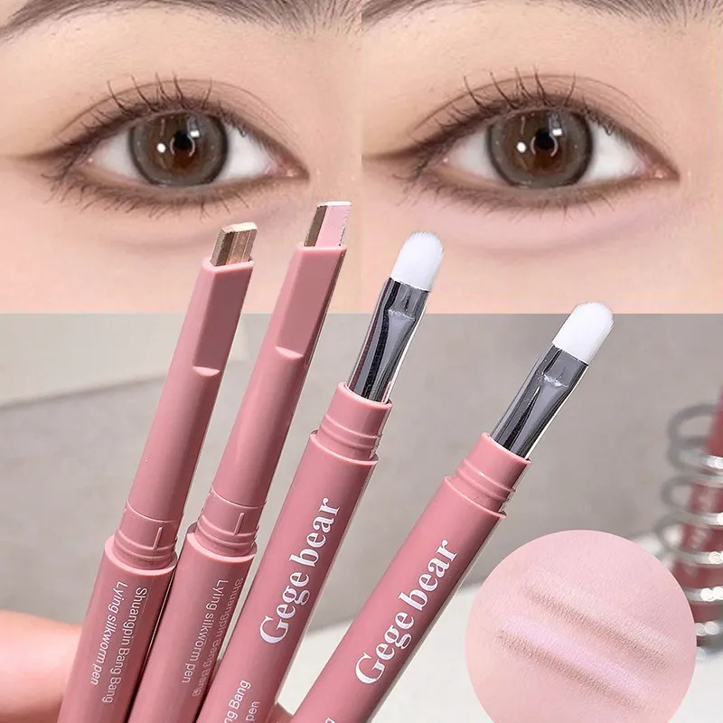 Double Ended Lying Silkworm Pencil 2 in1 Highlighter Nude Lower Eyelid Contour Aegyo-sal Eyeliner Makeup Stick with Detail Brush