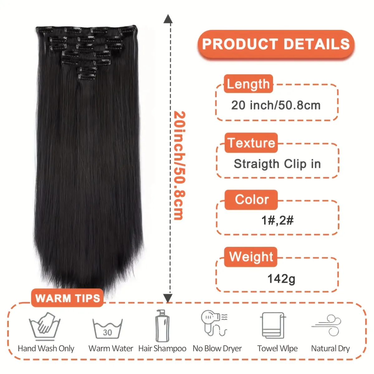 Synthetic Natural Black Clip in Extensions Straight 20" Long Synthetic Thick Clips on Hair Piece for Women