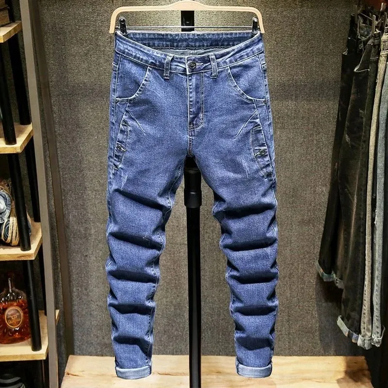 Spring and Autumn Trend Solid Color Straight Leg Stretch Denim Jeans Men's Casual Slim Fit Comfortable Sports High-Grade Jeans