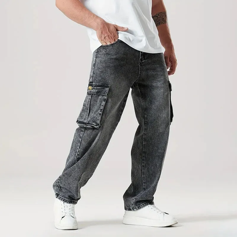 Korean Casual Comfortable Loose Fitting Jeans For Men Large Pocket Jeans Seasons Straight Leg Pants Work Pants