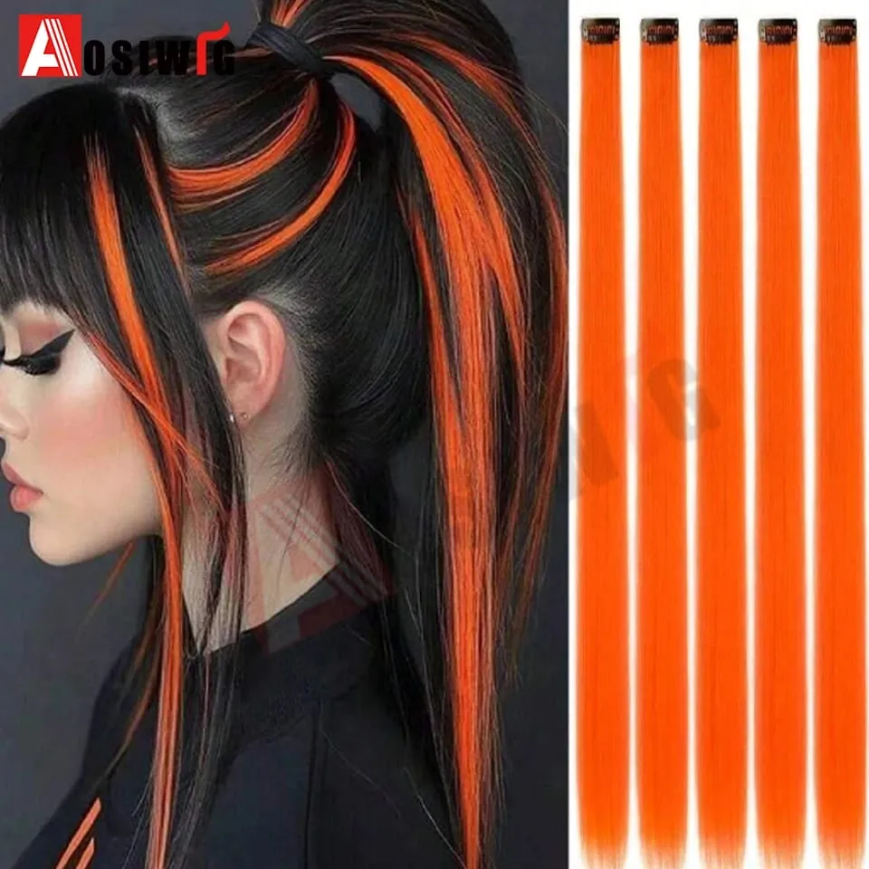 5PC Synthetic Feather Hair Extensions With Clips Heat Resistant Straight Hair Extensions Color Colored Black Hair Clip Womens 8G