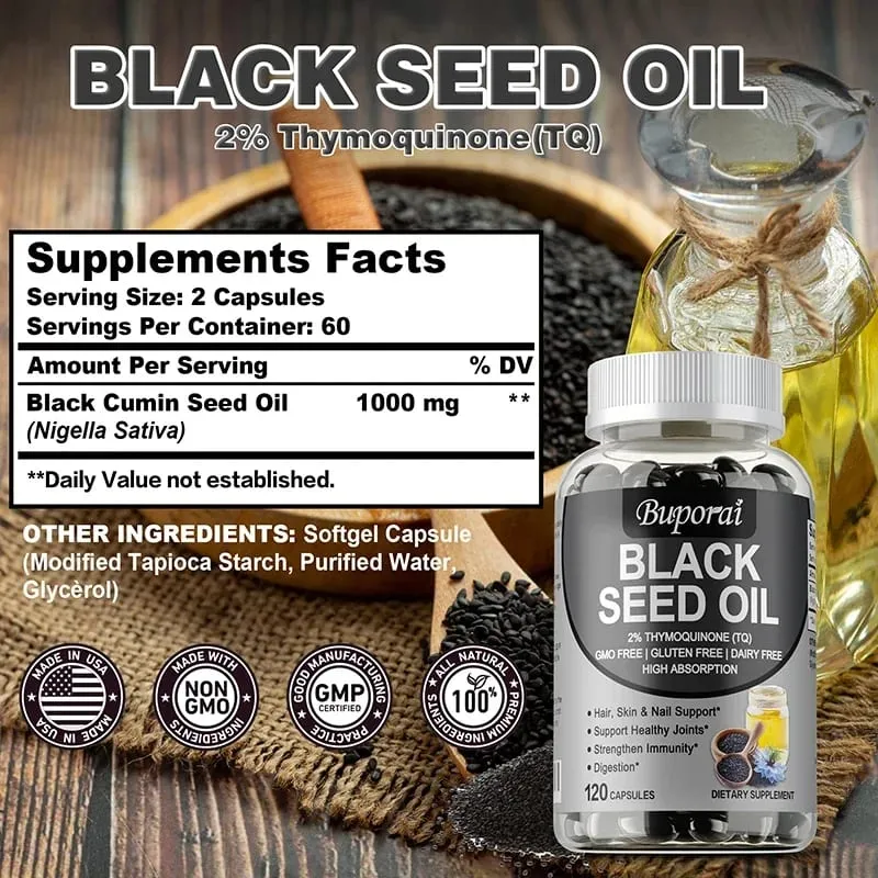 Premium Black Seed Oil 120 Capsules - Support Overall Health | Immune System Support Non-GMO Gluten-Free Supplement