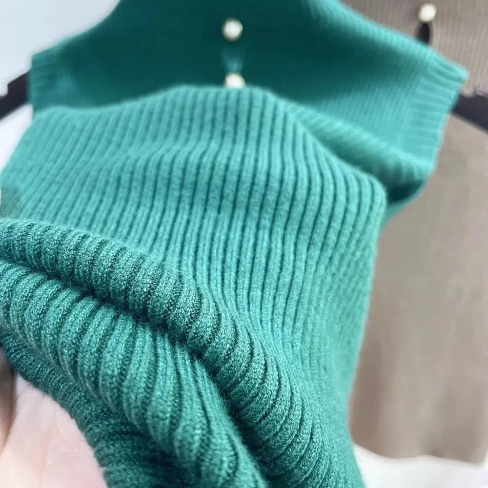 Elegant Solid Color Knitted Vest Sleeveless Slimming Tees T-Shirt Half-turtleneck Tank Top Women