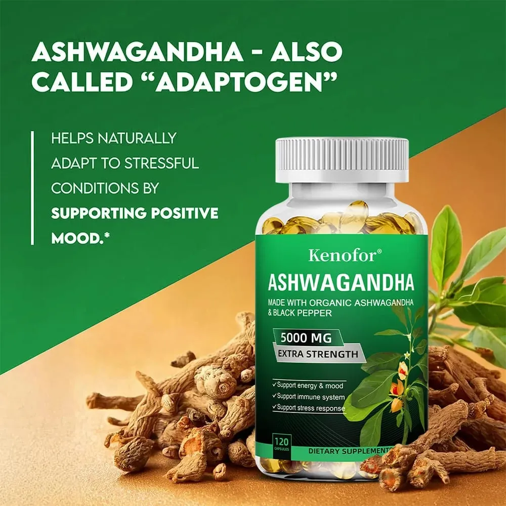 Pure Ashwagandha Root Extract Capsules 5000mg for Natural Mood Stress Focus Brain Energy Sleep Health