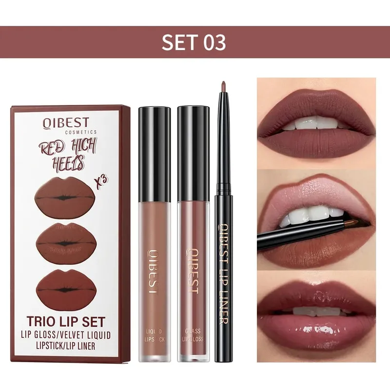 Matte Liquid Lipstick&Lip Liner&Lip Gloss 3Pcs Sets Long Lasting Non-stick Cup Red Black Purple Lip Tint Cosmetics Kits — image 12
