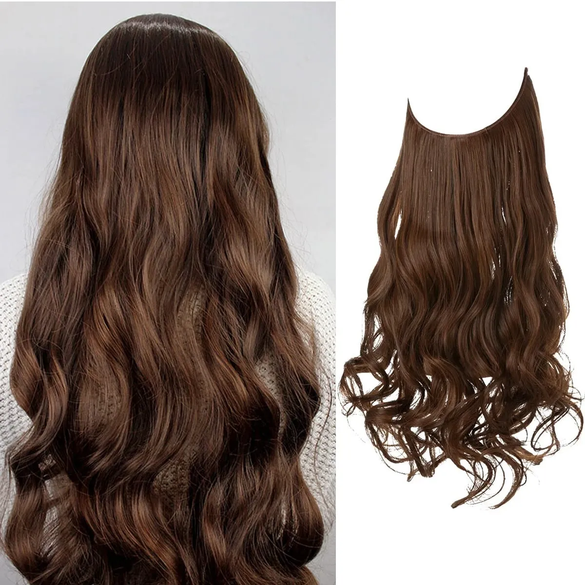 Nice Premium Synthetic Invisible Wire With Clip In Hair Extensions Daily Use Hairpieces Long Brown Natural Wavy Fake Hair piece