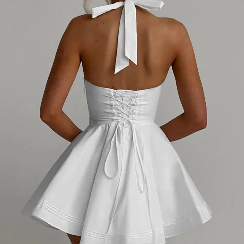 Sexy Deep V Halter Bílé minišaty Dámská Móda Bez zad Elegantní společenské šaty Letní Župan Šněrovací Vestidos