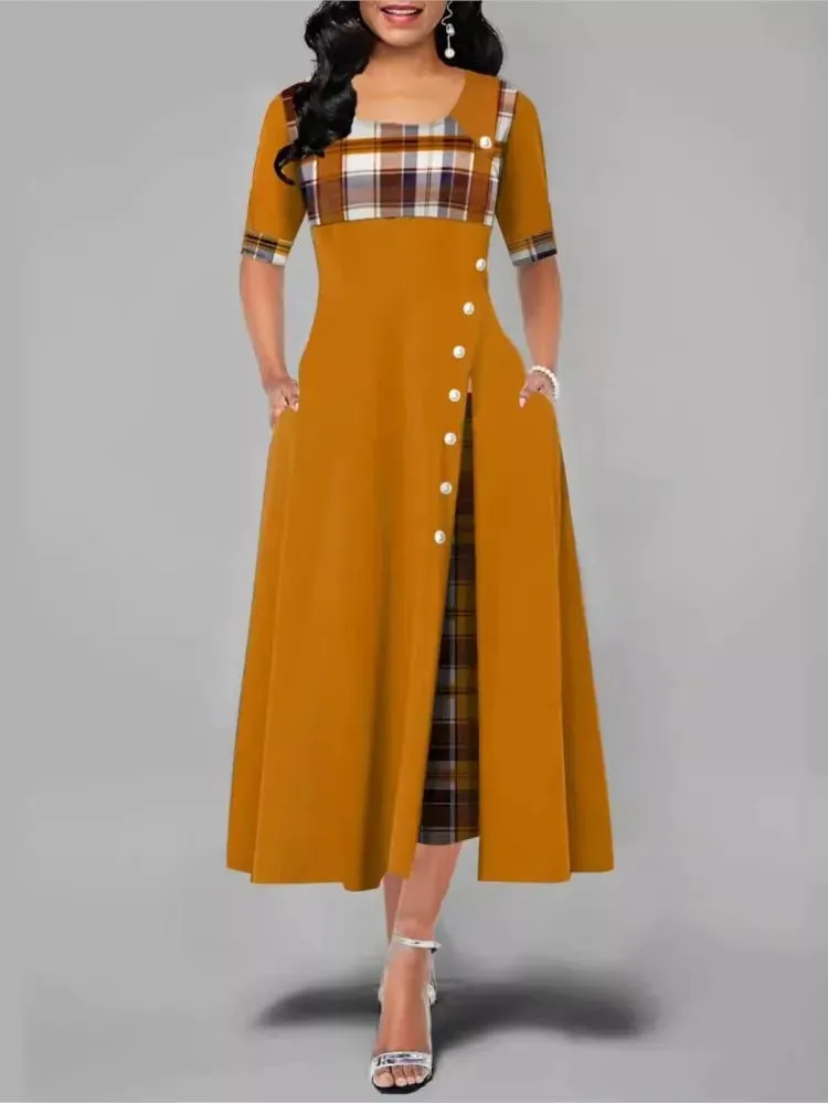 Robe longue en Patchwork de treillis irrégulier pour femmes, Vintage, boutons, col rond, demi-manches, décontractée, pour les déplacements, à la mode