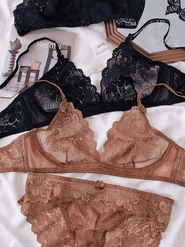 Sexy Black Lace Lingerie Set for Women Comfortable Wireless Bra & Panty Set Large Size — image 2