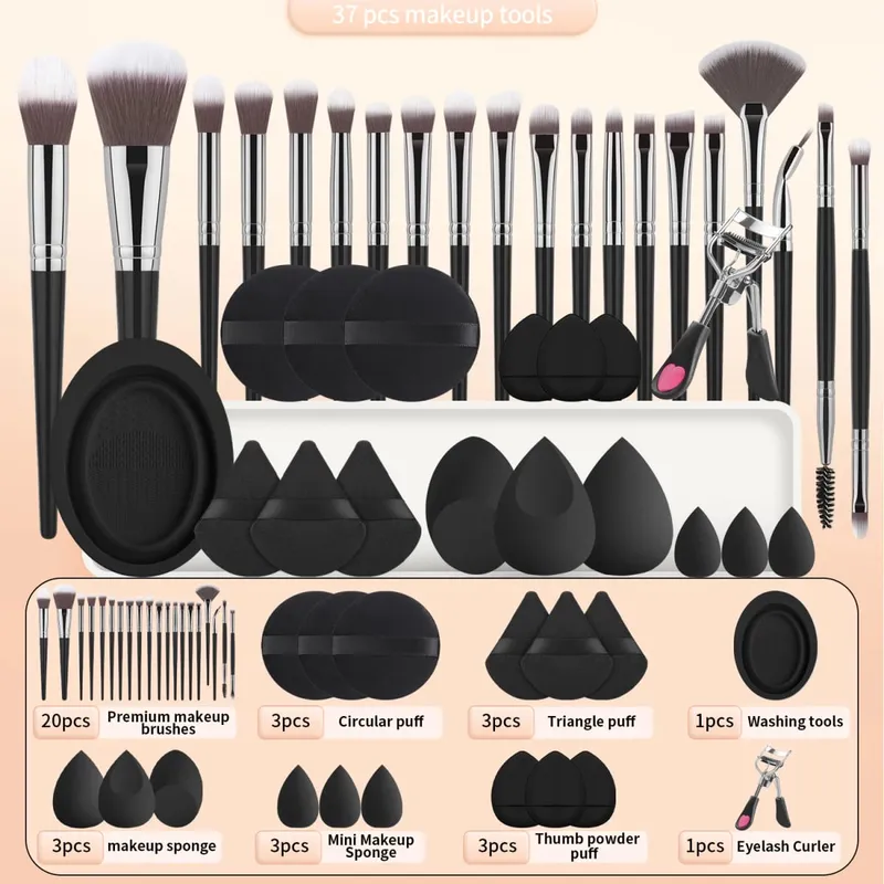 37PCS Makeup Tools Set 20 Brushes + Sponges Puffs Eyelash Curler Cleaning Tool for Full Face — image 10