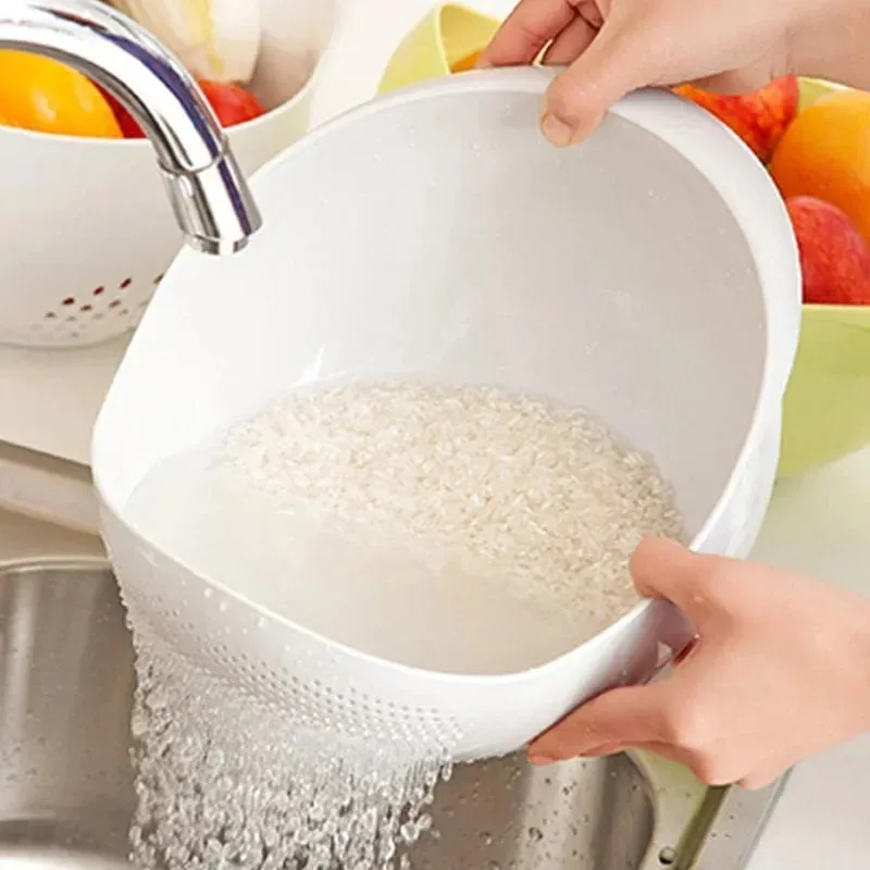 1pc - Plastic Drain Basket Filter Rice Bowl Drain Basket Fruit Bowl Laundry Basket Handle Home Kitchen Organizer