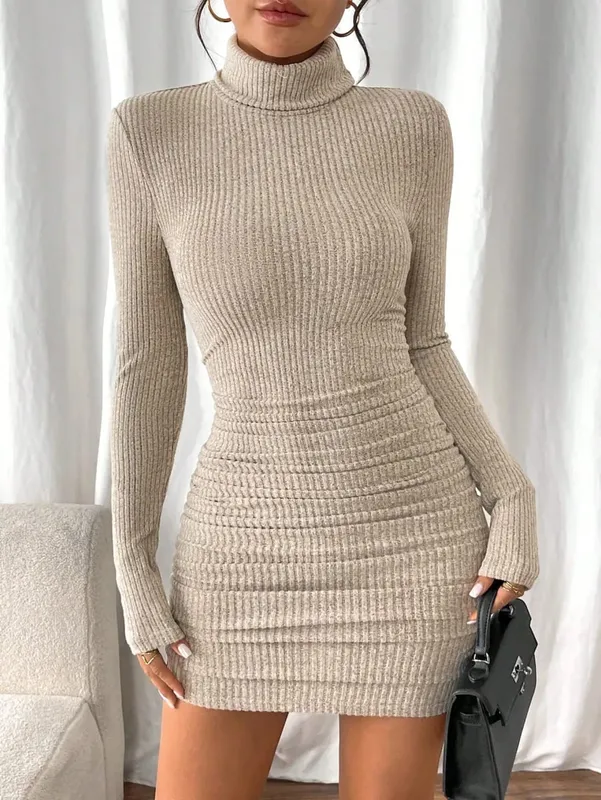 Fashionable Casual Ribbed Knit Women's Solid Color High Collar Long Sleeve Simple Short Dress