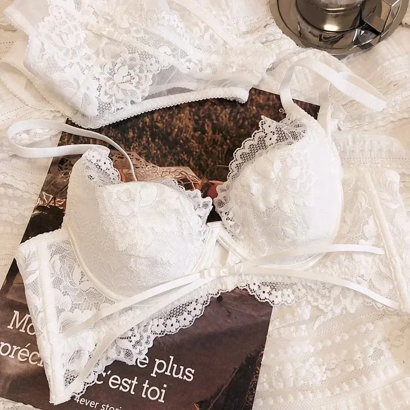 2 ชิ้นฤดูร้อนบางถ้วย Bra เซ็กซี่ลูกไม้ชุดชั้นในชุดผู้หญิงภาษาฝรั่งเศสคำเย็บปักถักร้อยชุดชั้นใน Push Up Brassiere กางเกงชุด