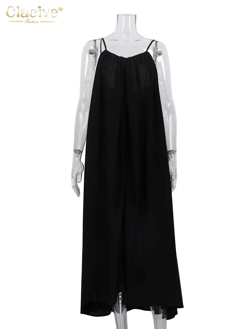 Clacive Summer Loose Black Women'S Dress 2023 Fashion Strap Sleeveless Ankle-Length Dresses Elegant Backless Female Sundress