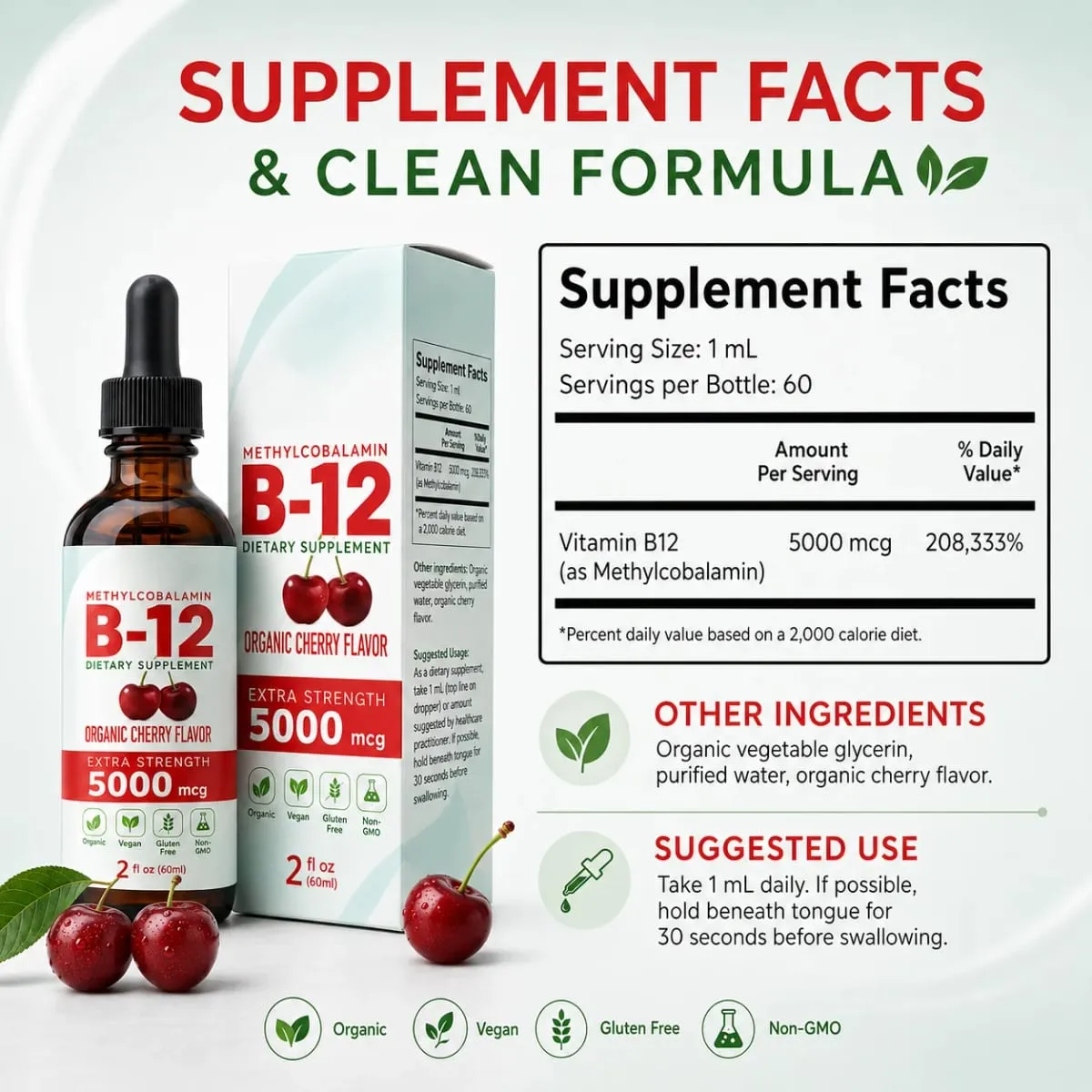 Vitamin B12 Drops 5000mcg Methylcobalamin Liquid Sublingual Supplement Cherry Flavor Vegan Sugar Free Daily Nutrition 60ml
