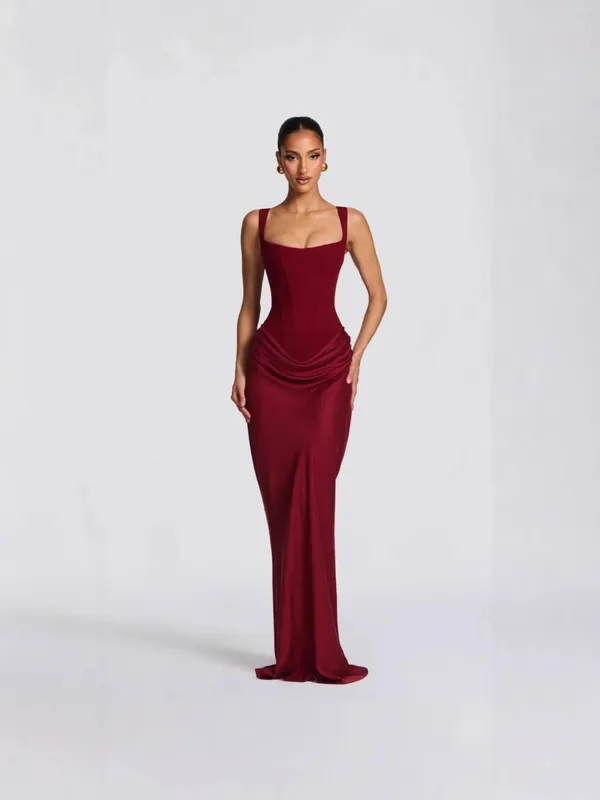 Cross-border primavera 2026 feminino fino ajuste fishbone cinta vestido longo cor pura bodycon vestido estilo sexy vestido sem ombros