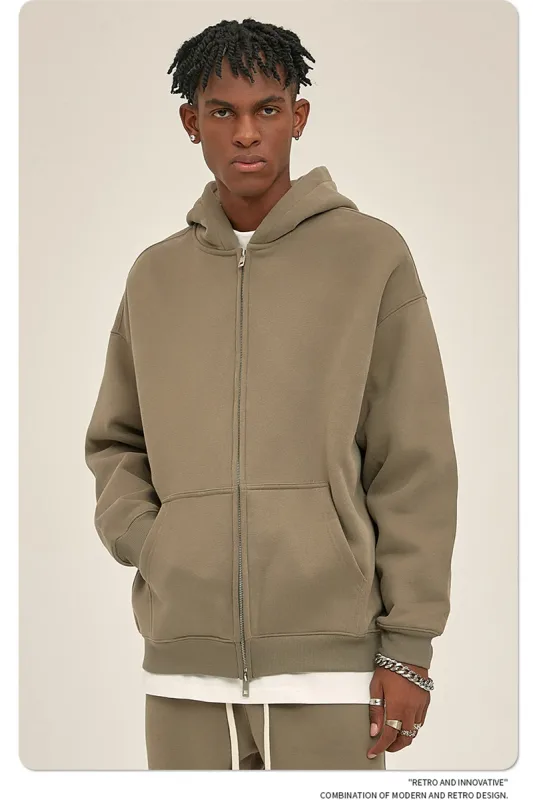 New Men Double Headed Zipper Fleece Hoodies Unisex Loose Basic Solid Warm Hooded Sweatshirts Coats For Winter HY0633