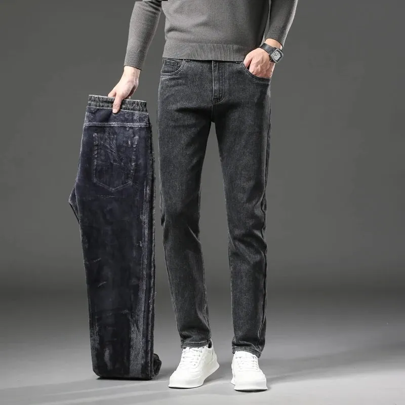 2027 New In Slim Straight Elastic Denim Winter Fleece Thick Warm Jeans Men's Pants Casual Male Clothing Fashion Plush Trousers
