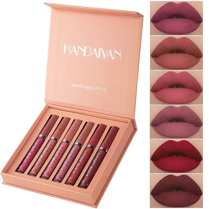 6pcs/Set Lip Gloss Long Lasting Waterproof Matte Lip Tint NonStick Cup Liquid Lipstick Gift Box Cosmetics Makeup