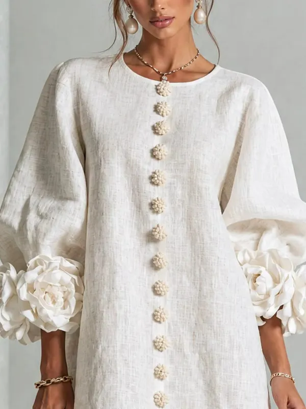 Women Spring Autumn 3D Flower Long Lantern Sleeve Cotton Linen Mini Dress Solid Crew Neck Loose Elegant Daily Wear Short Dress