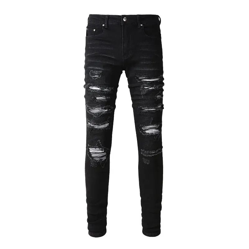 Men Pleated Patch Biker Jeans Streetwear