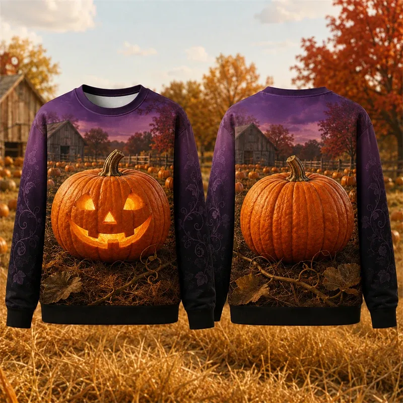 Autumn Winter Halloween Men Sweatshirt 3d Print Vintage Farm Pumpkin Lantern Pullover Sweatshirt Thanksgiving Party Unisex Top