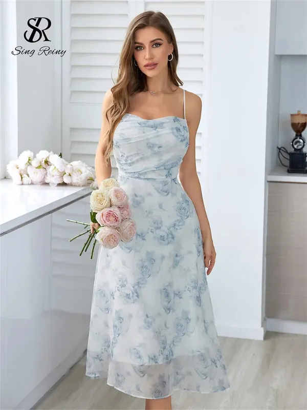 Wanita Floral Spaghetti Strap Dress Elastik Ruched Seksi Hollow Backless Party Dress Summer Boho Holiday Beach Sundress