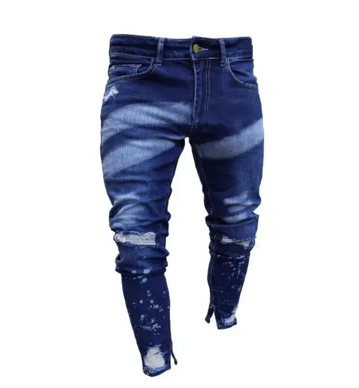 Men Denim Jeans Pencil Pant Vintage Slim Fit High Waist Frayed Hole Wash Trousers Y2k Streetwear Splice Work Casual 2026 Spring — image 9