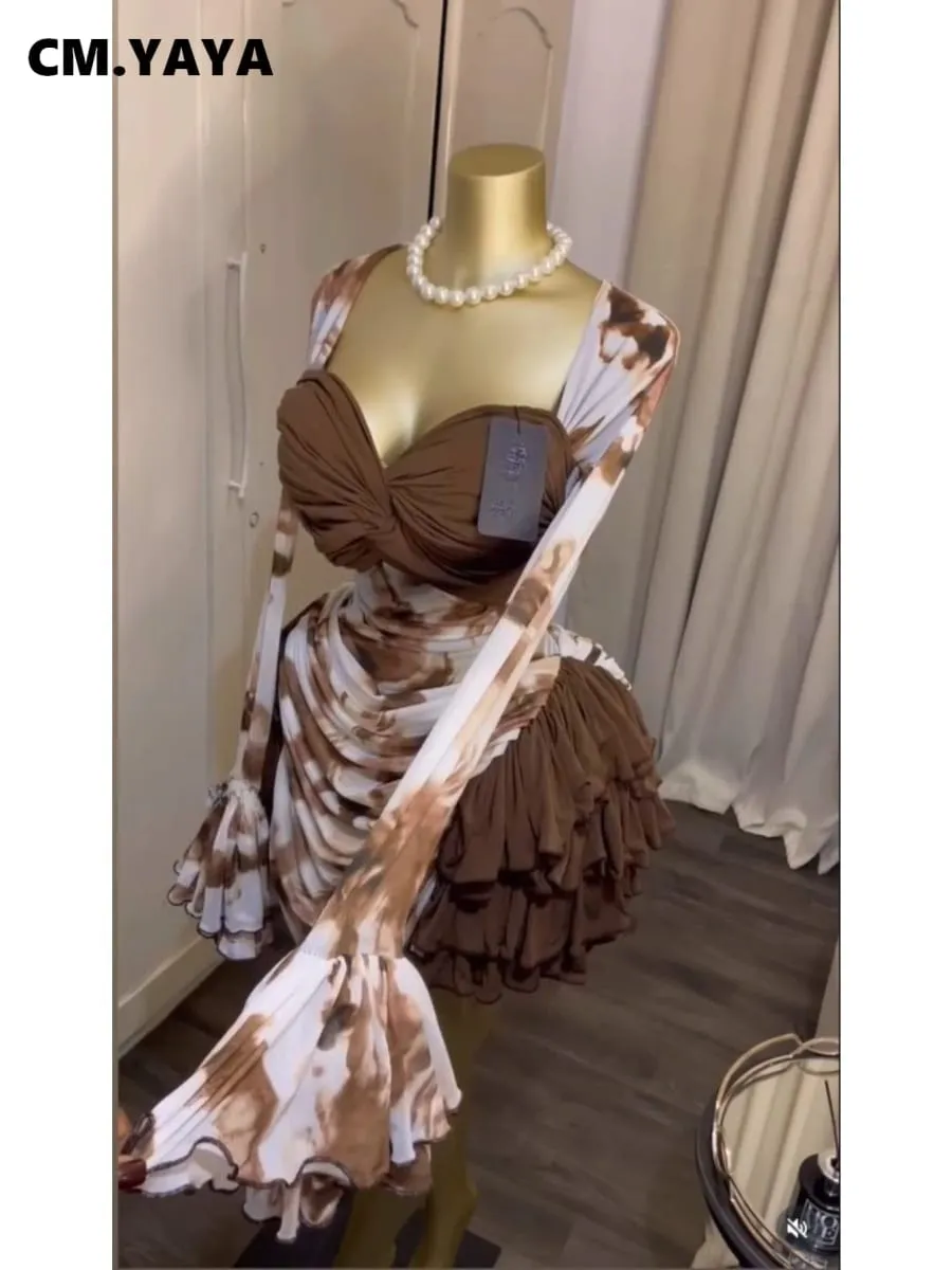 CM.YAYA Donna Tie Dye Stampa Cascata Ruffles Campana Manica lunga Aderente Increspato Drappeggiato Abito con scollo a V Vacanza al mare Abiti da vacanza