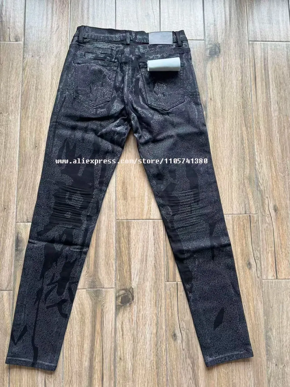 Men's High Street American Fashion Distressed Black Crackle Paint Foil Stretch Skinny Button Fly Ripped Jeans Pants — image 2