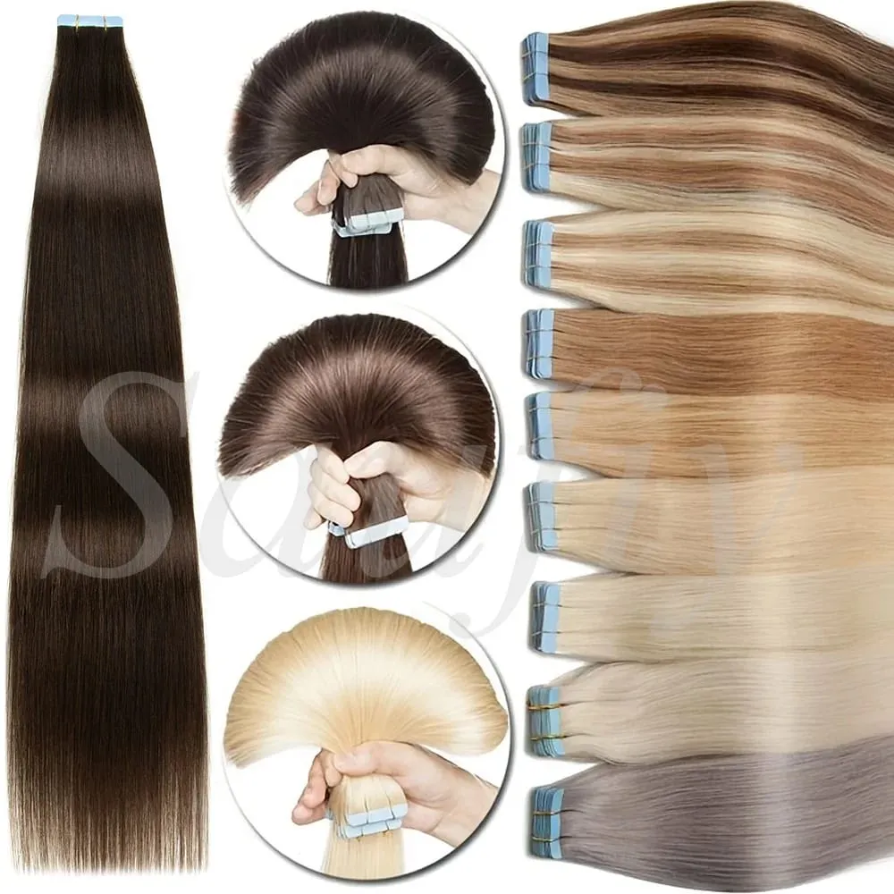 Blonde gerade Tape-In-Haarverlängerungen, Echthaar, 20 Stück/Packung, gerade, natürliches Schwarz, Blond, Braun, Tape-In-Haarverlängerungen, 12–20 Zoll, nahtlose doppelseitige Hauteinschlag-Tape-In-Haarverlängerungen für Frauen