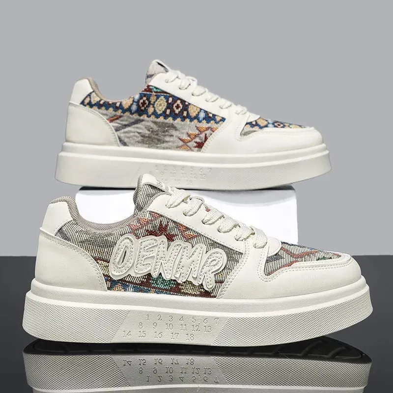 Men Spring Summer Sneakers Platform Board Shoes Ethnic Patchwork Fabric Casual Skateboard Lace Up Male Footwear