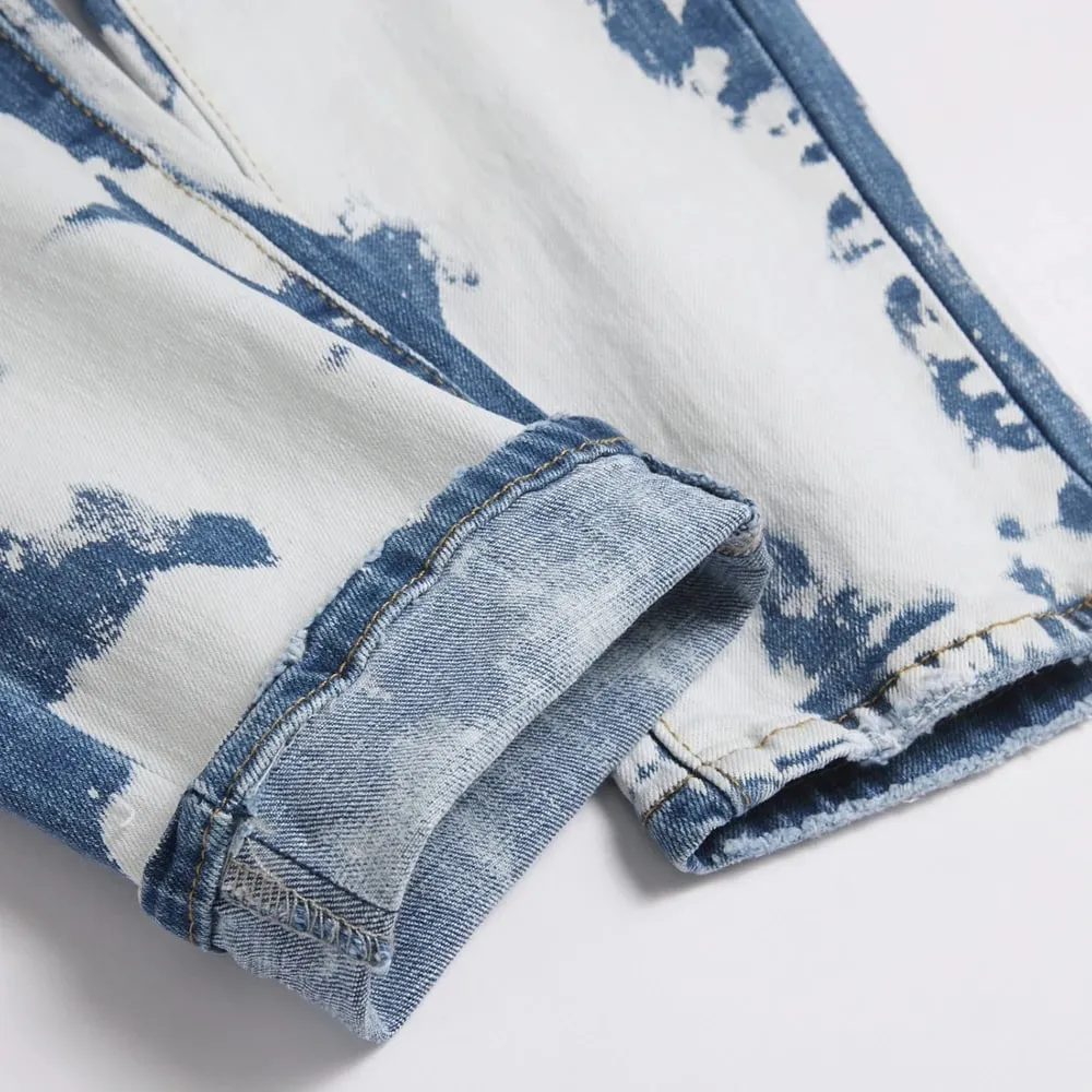 Erkekler Ince Konik Streç Kot Streetwear Ağartılmış Kot Pantolon Rahat Düğmeler Fly Mavi Beyaz Pamuk Pantolon — image 5
