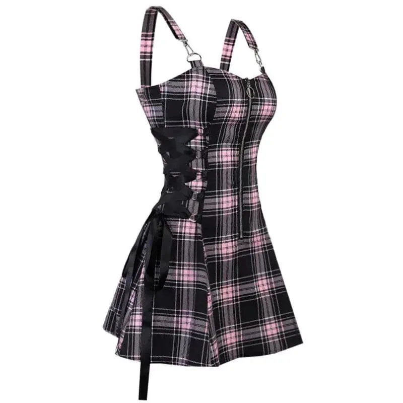 Dark Gothic Women Plaid Dress High Waist Bodycon Vintage Punk Harajuku Lolita Sleeveless Streetwear Y2K Sexy A-Line Mini Dresses