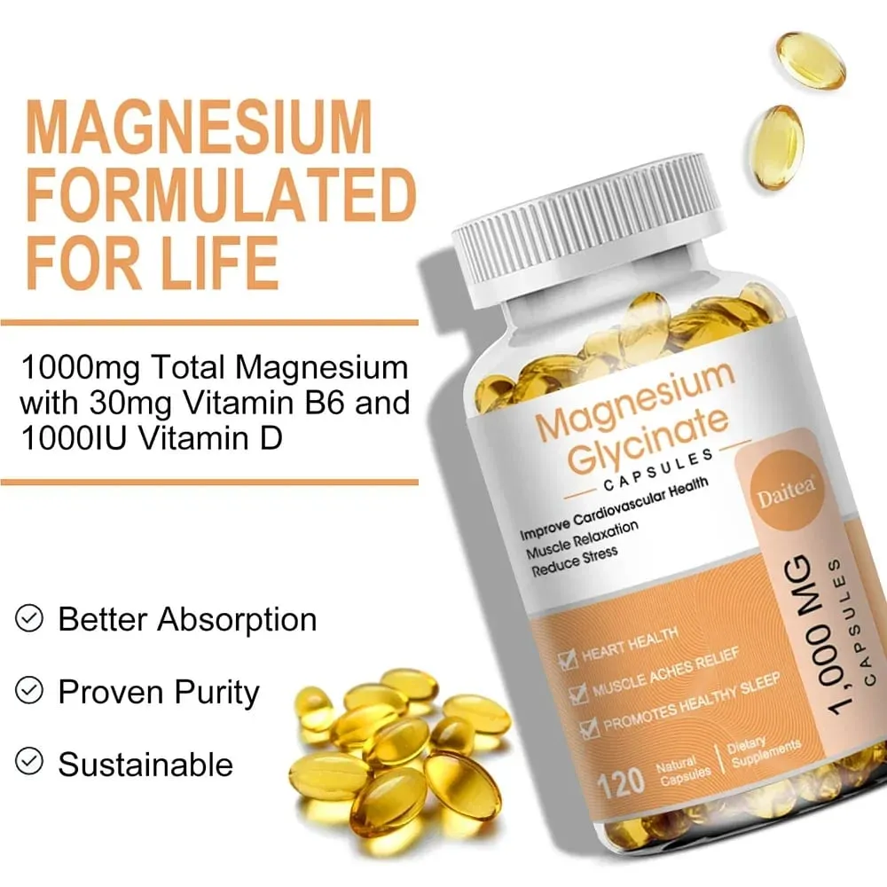 Magnesium Glycinate Capsules - Helps with Stress Muscle Sleep Joints Bones Immune and Cardiovascular Health