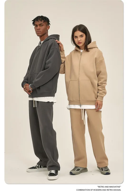 New Men Double Headed Zipper Fleece Hoodies Unisex Loose Basic Solid Warm Hooded Sweatshirts Coats For Winter HY0633