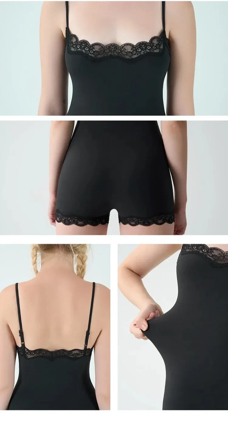 Square Neck Spaghetti Strap Bodysuits Lace Trim Women Sleeveless Slimming Bodycon Jumpsuit Romper