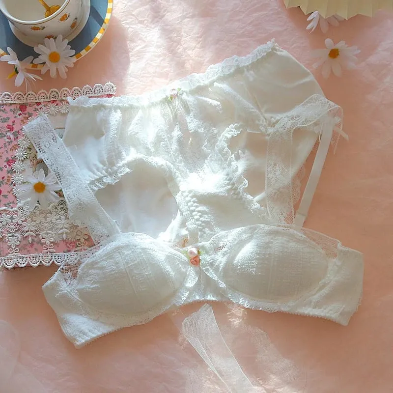 Vintage iç çamaşırı prenses beyaz dantel iç çamaşırı pamuk balenli sütyen ve külot seti japon küçük göğüsler seksi ve sevimli Bralette — image 2