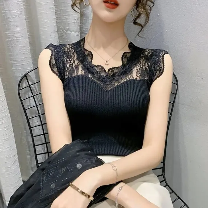 Summer V-neck Lace Stitching Pullover Sleeveless T-shirt Women's See-through Ice Silk Vest Suspender Knitted Base Layer Women — image 4