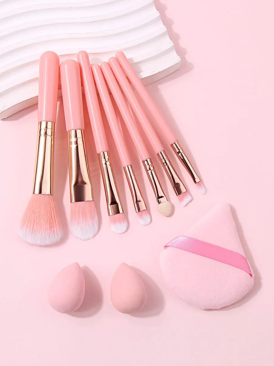 10Pcs Makeup Brush Set Soft Cosmetic Brushes Kit With Makeup Sponge Triangle Powder Puff For Face Eye Daily Beauty Makeup Tools