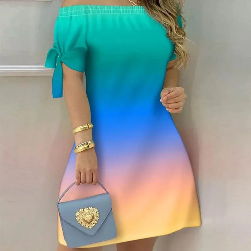 Women Off Shoulder Mini Dress Summer Sexy Short Sleeve Bow Tie Striped Floral Print Dresses Fashion Casual Loose Dress