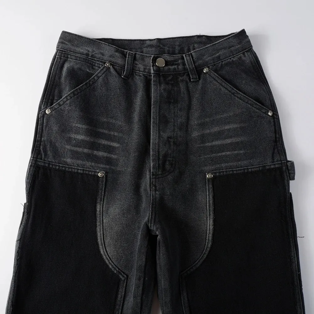 Men Patch Cargo Denim Jeans Streetwear Rivet Released Hem Patchwork Pants Button Fly Loose Straight Cotton Trousers