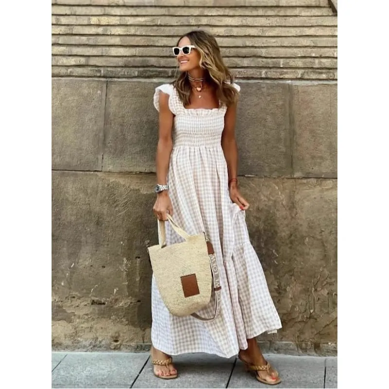 Elegant Temperament Plaid Patchwork Slip Boho Dress Summer Ruffle Backless Pleated Elastic Waist Swing Loose Party Dresses