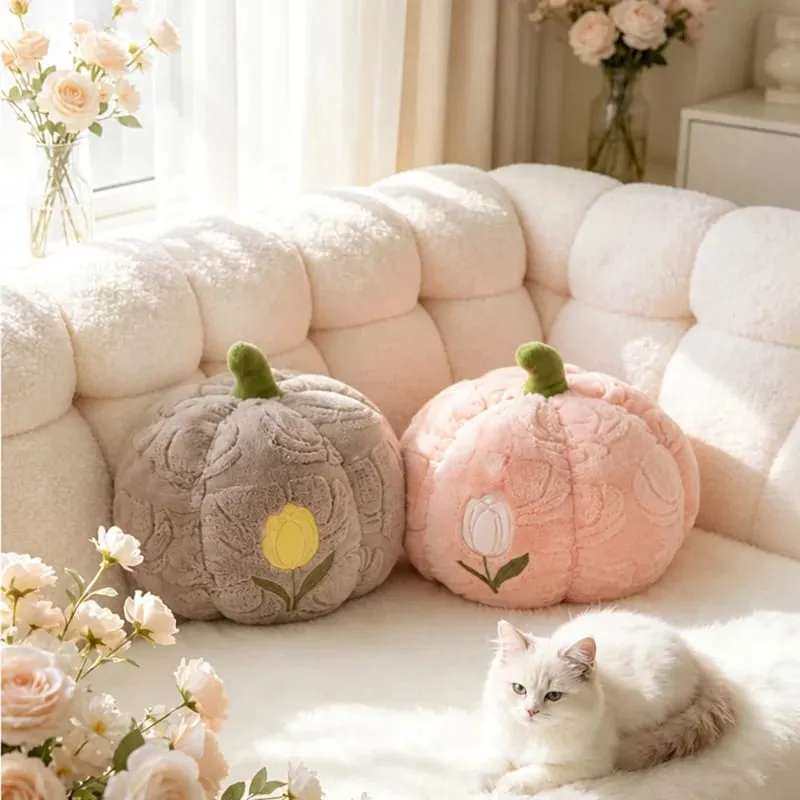 Cute Pumpkin Throw Pillow With Tulip Embroidery Soft Plush Pumpkin Shaped Cushion Pillow For Sofa Living Room Hallowmas Gifts — image 7